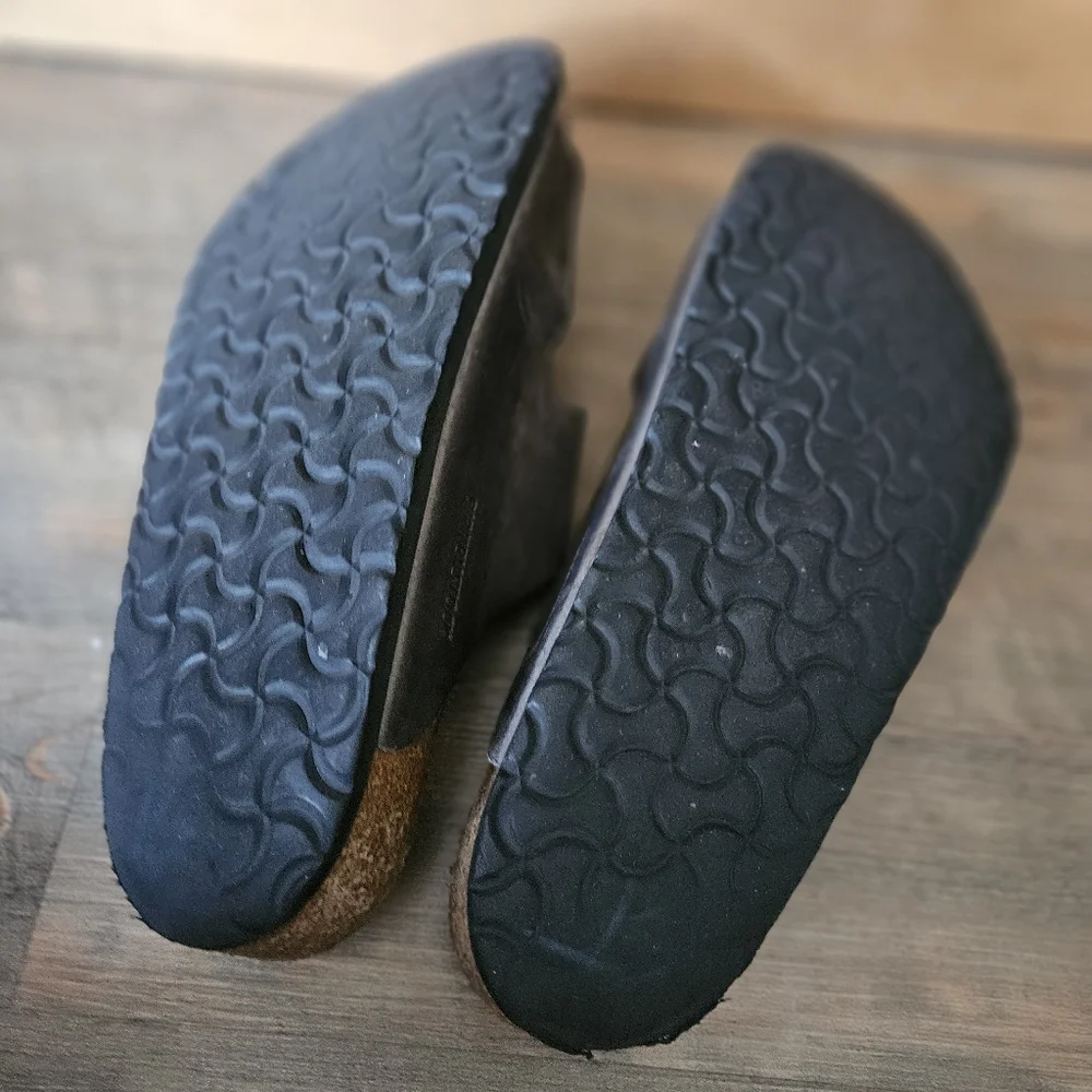 Birkenstock gray brown leather slippers slides sandals - Picture 10 of 16